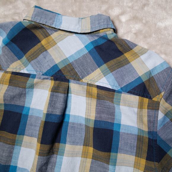 Prana Benton Blue Yellow Plaid Slim Fit Short Sleeve Button Down Shirt Mens L - Picture 5 of 13